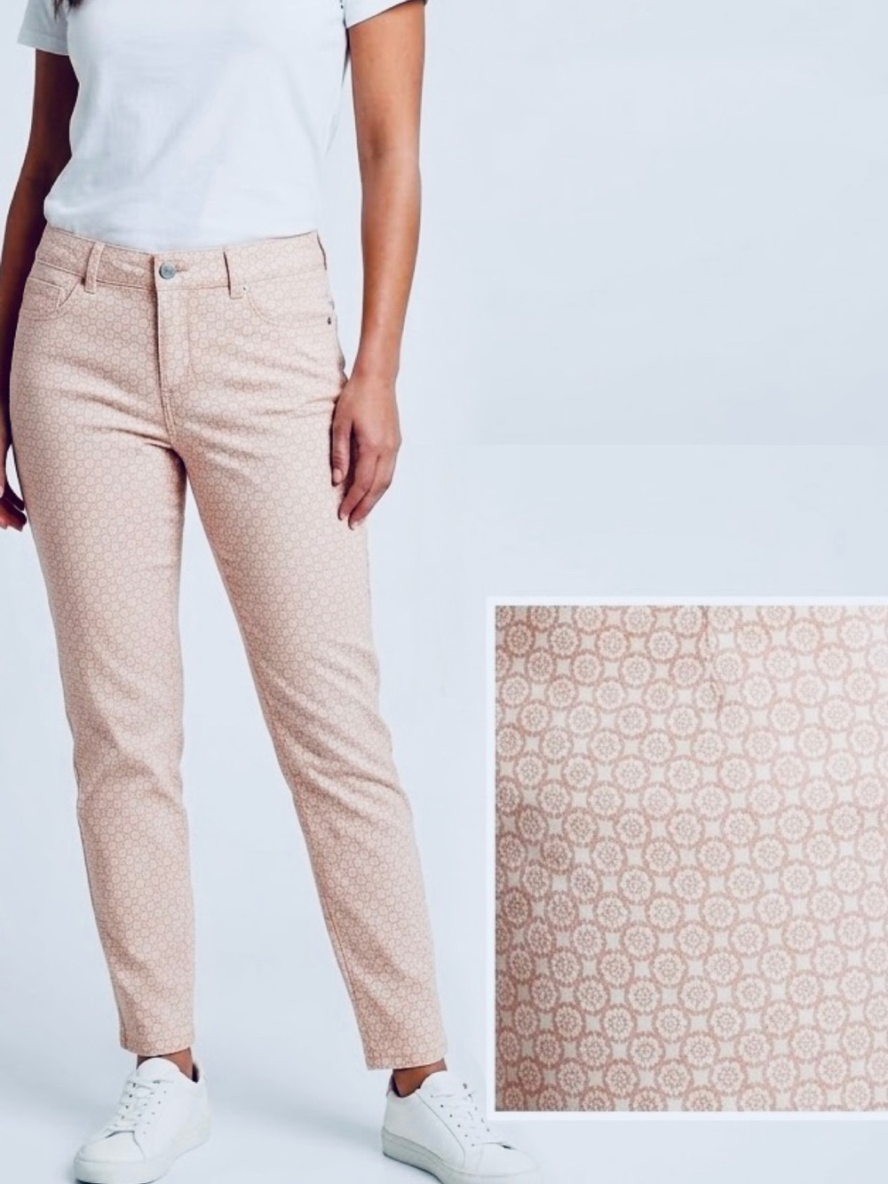 D. JEANS Stretchy Pale Blush Pink & White Geometric Cropped Ankle Jeans — #LHP